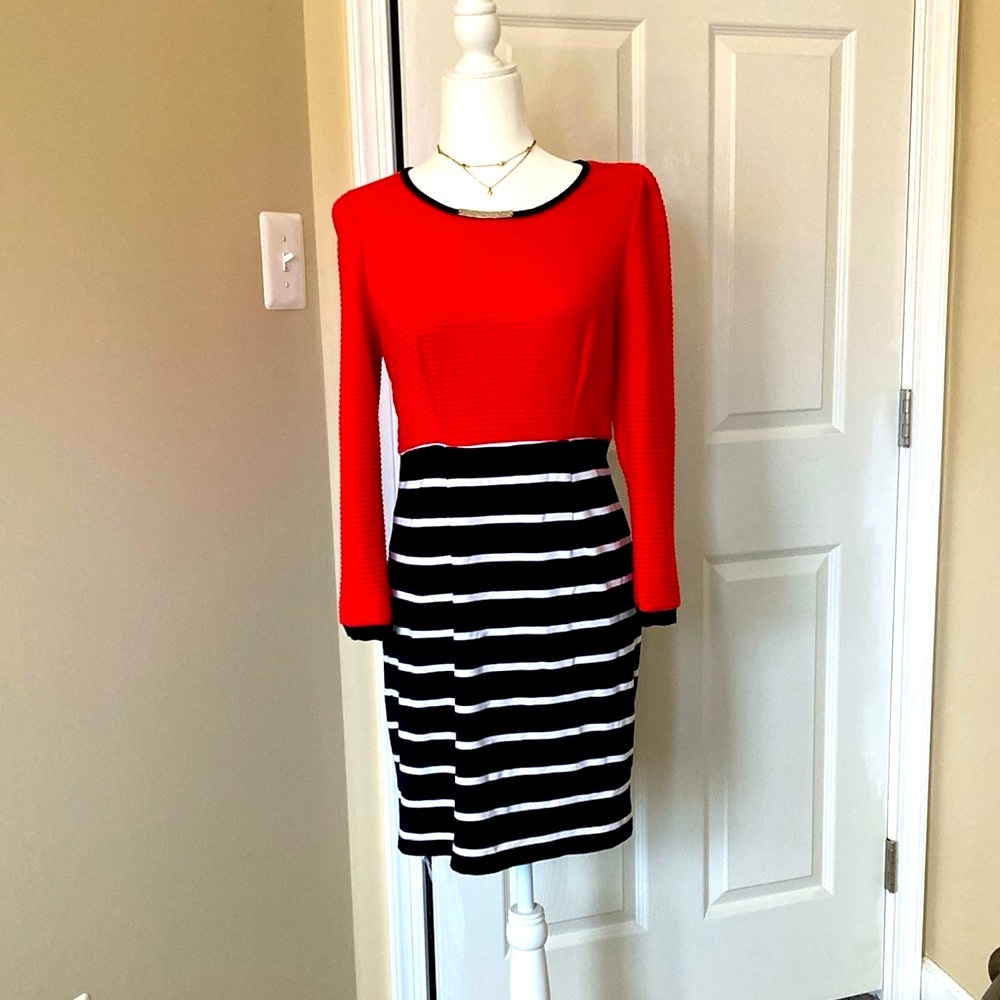 Chic Red Top dress with Black Trim stripped bottom